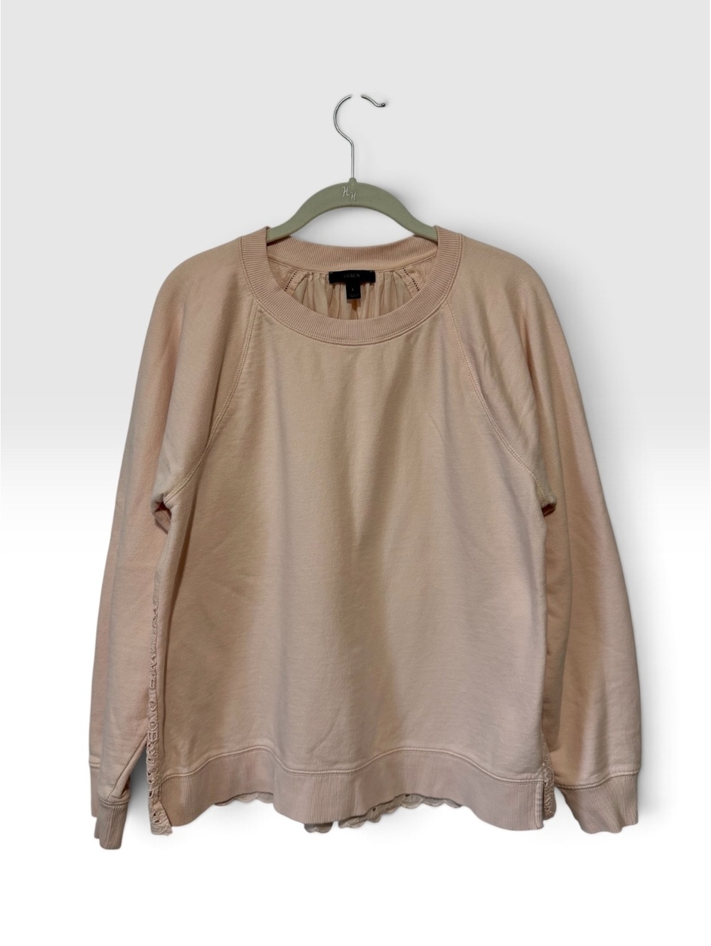J.Crew Light Pink Eyelet Back Cozy Cottagecore Fall Casual Sweater size Large